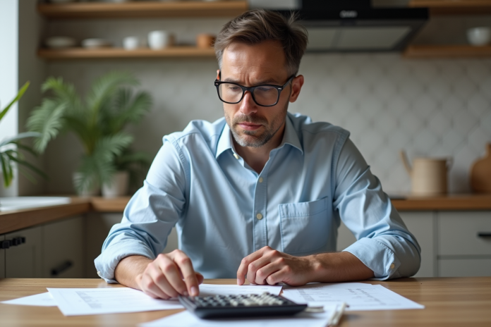 homme-travail-domicile Homme d'âge moyen travaillant à domicile avec papiers et calculatrice