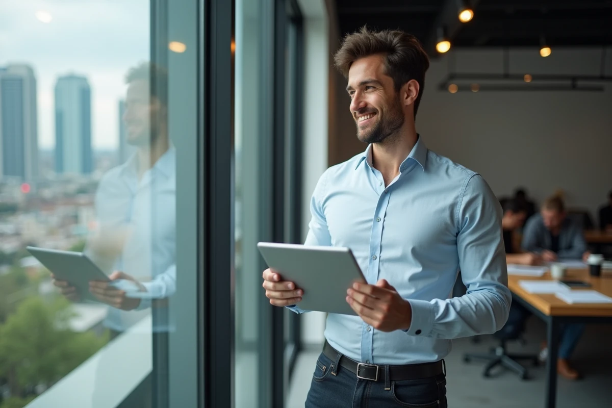 Jeune homme avec tablette dans un bureau urbain
