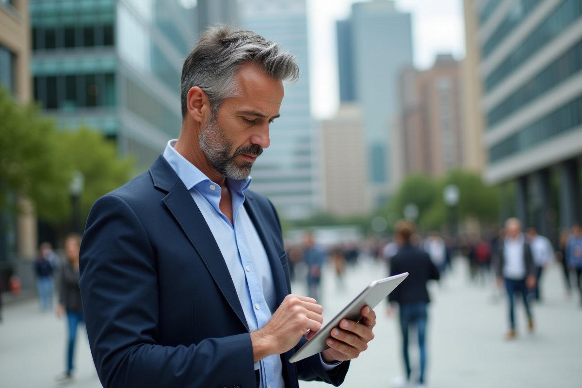 Homme d affaires consulte catalogue formation en ville
