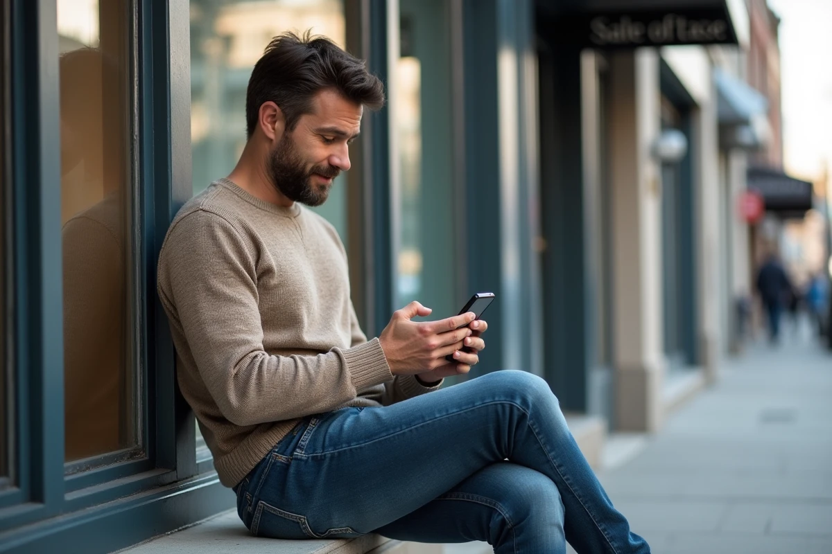 Homme dehors utilisant son smartphone pr&egrave;s d une usine