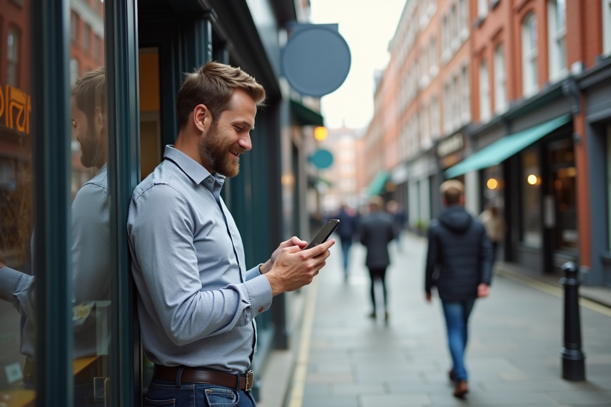 Homme vérifiant sa fiche Google sur smartphone devant boutique