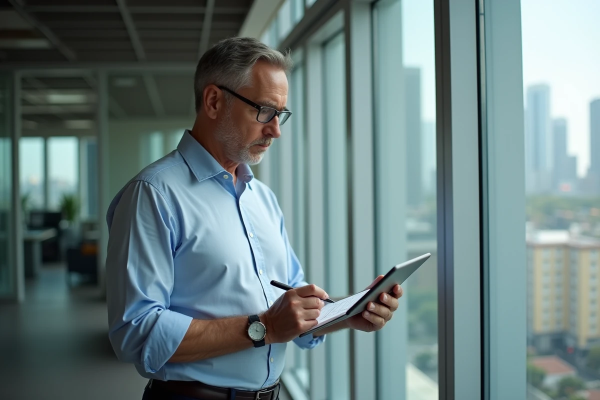 Homme v&eacute;rifiant son timesheet dans un bureau professionnel