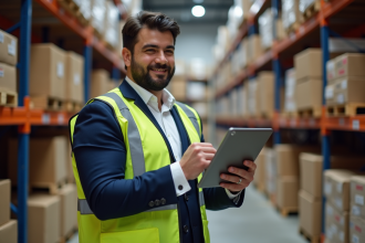 Homme d'âge moyen en warehouse avec tablette et gilet de sécurité