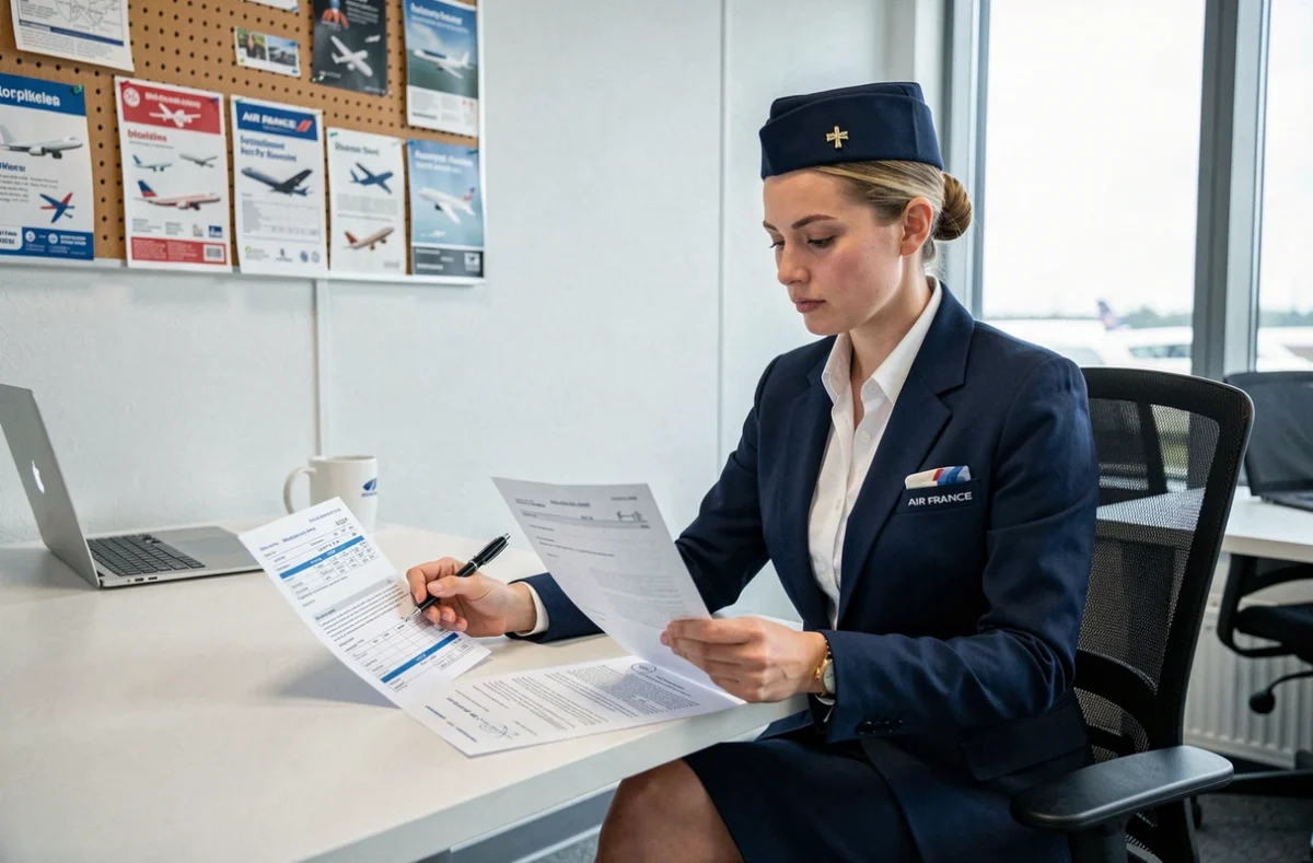 Hôtesse de l'air en salle de briefing aéroport étudiant son contrat de salaire et ses documents professionnels
