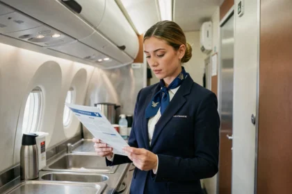 Hôtesse de l'air Air France en uniforme dans la galley d'un avion, consultant un document professionnel avant le vol