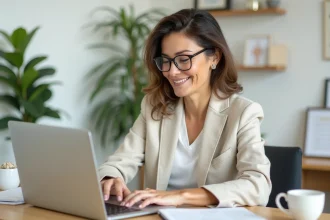 Indépendante en blazer consultant son calendrier de rendez-vous en ligne sur un ordinateur portable dans un bureau à domicile organisé