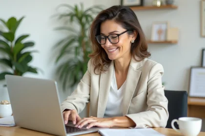 Indépendante en blazer consultant son calendrier de rendez-vous en ligne sur un ordinateur portable dans un bureau à domicile organisé