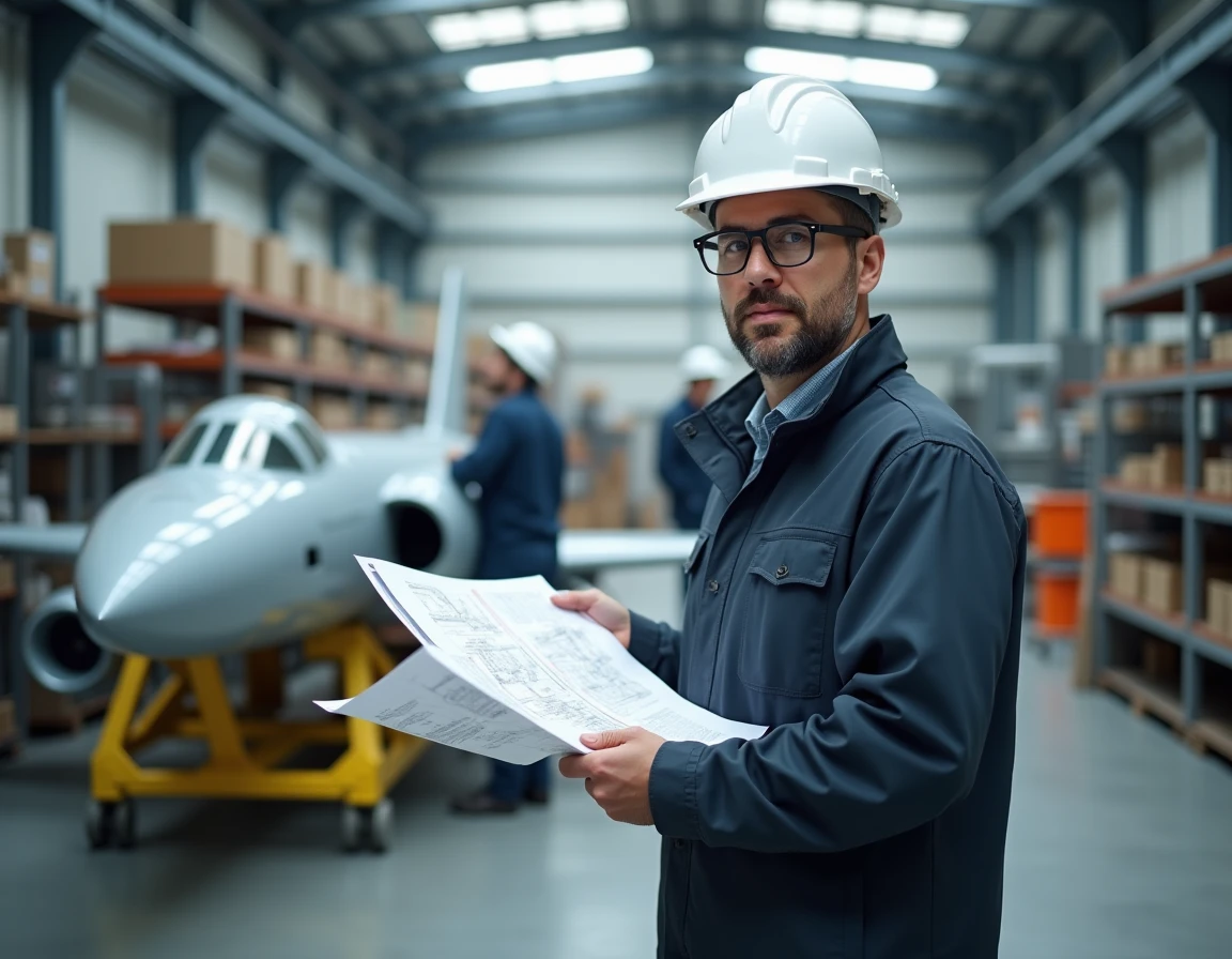 Ingénieur aéronautique tenant des plans techniques dans une usine française moderne, parmi les professions les plus lucratives en 2026