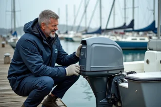 Ingénieur maritime inspectant un moteur électrique hors-bord sur un ponton dans une marina moderne