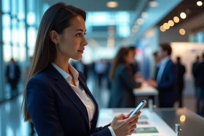 Femme professionnelle s'inscrivant tardivement à un événement d'entreprise dans un centre de congrès moderne