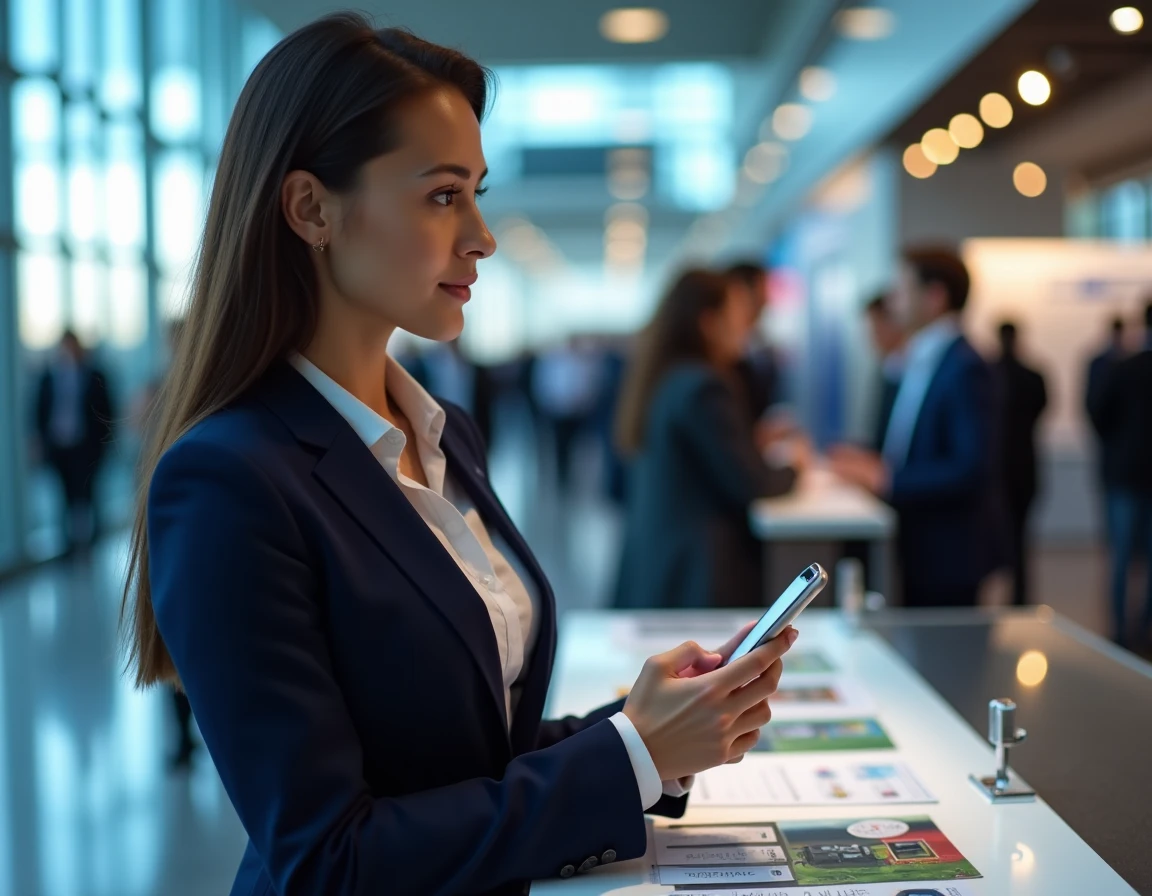 Femme professionnelle s'inscrivant tardivement à un événement d'entreprise dans un centre de congrès moderne