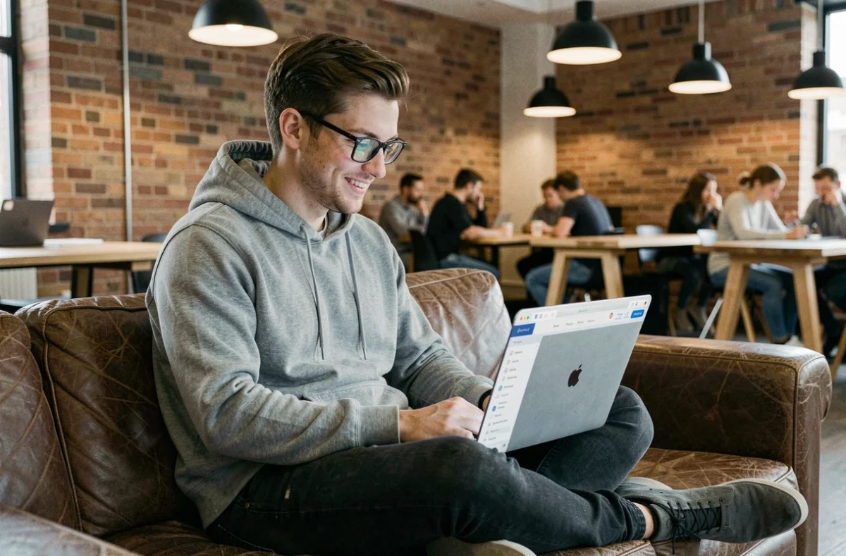 Jeune entrepreneur utilisant une plateforme en ligne comme partenaire-entreprise.com pour démarrer son activité depuis un espace de coworking