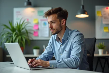 Jeune entrepreneur en startup travaillant sur son ordinateur