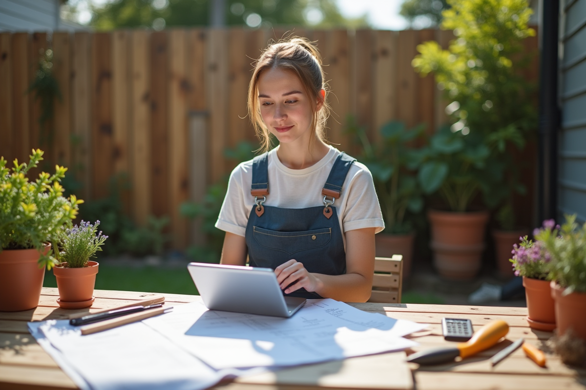 Jeune femme artisan travaillant en extérieur