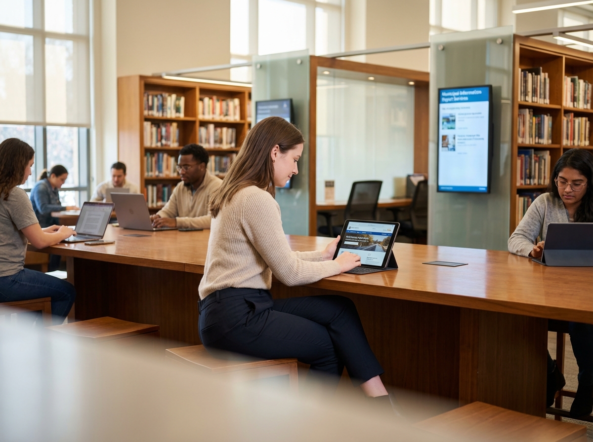 Jeune femme utilisant une tablette dans une bibliothèque moderne