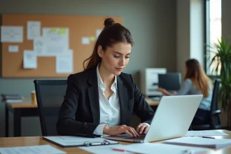 Jeune femme en bureau moderne travaillant sur son ordinateur