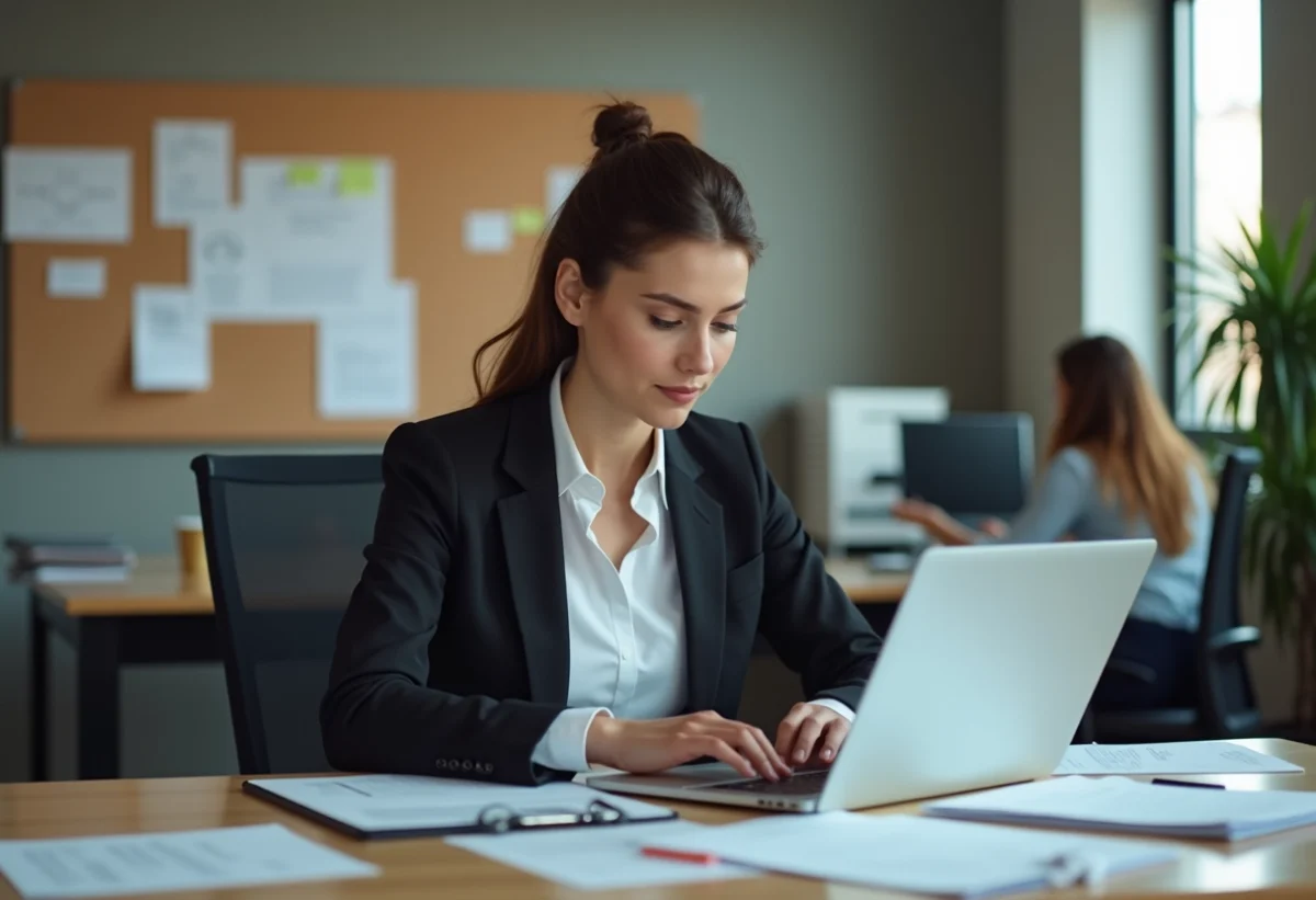 Jeune femme en bureau moderne travaillant sur son ordinateur