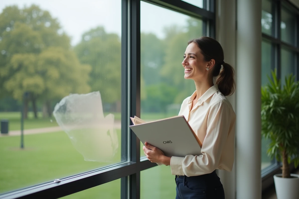 Jeune femme scientifique souriante pr&egrave;s d une fen&ecirc;tre campus