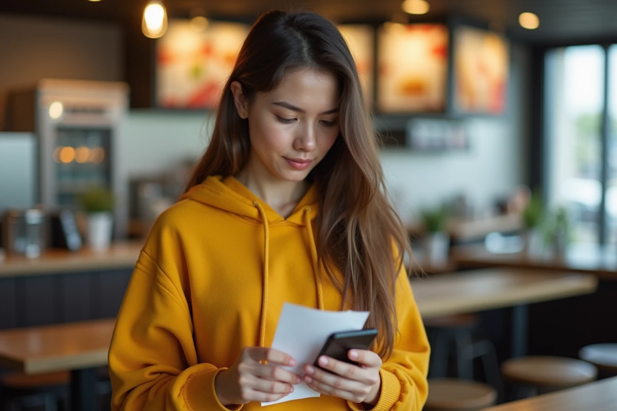 Jeune femme cherchant son code d'enqu&ecirc;te BK vous &eacute;coute sur son t&eacute;l&eacute;phone dans un fast-food
