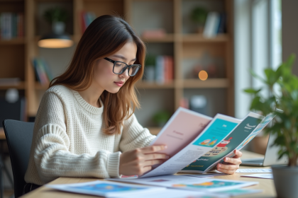 Jeune femme en coworking examine brochures formation