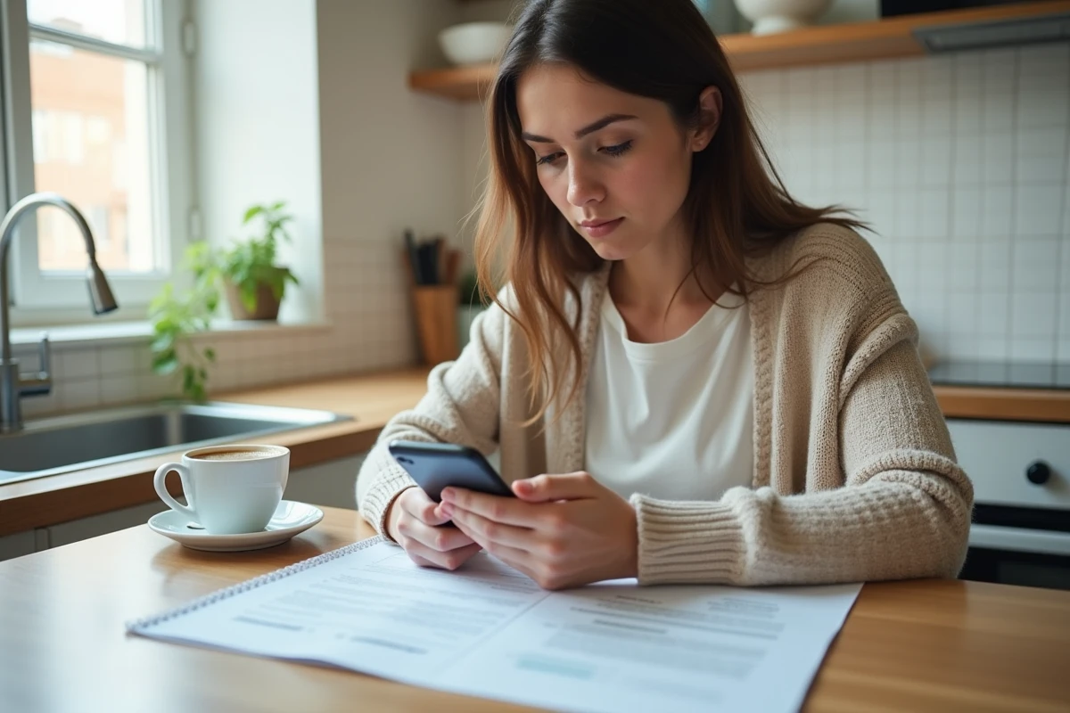 Jeune femme consultant son téléphone et des documents administratifs de l'Urssaf dans une cuisine moderne