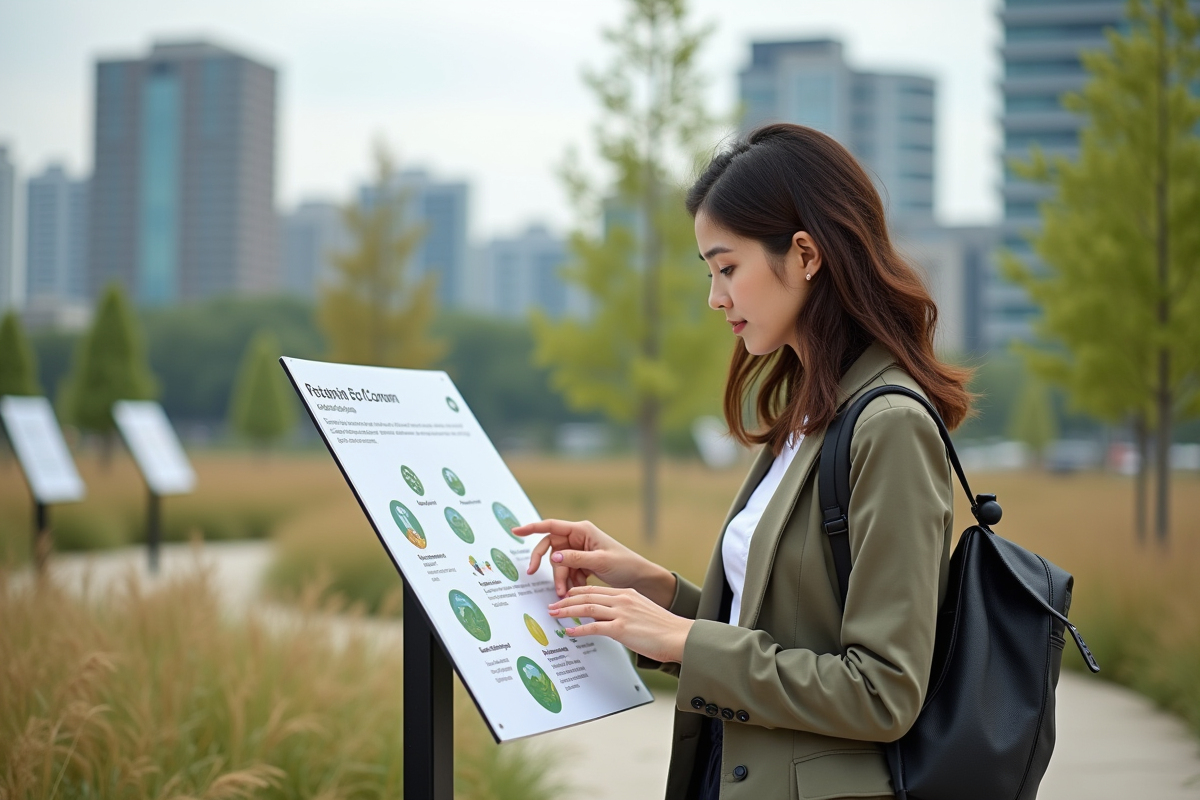 Jeune femme regardant un panneau sur l