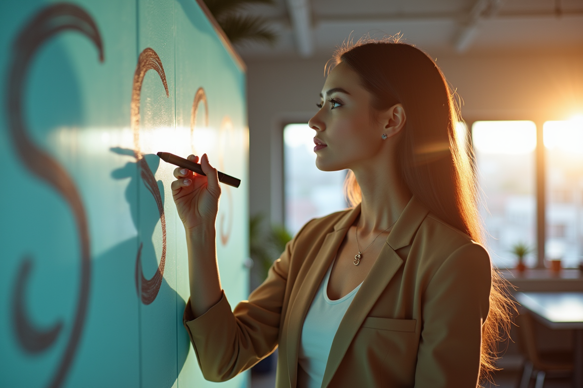 Jeune femme écrivant S professions sur un tableau dans un studio lumineux
