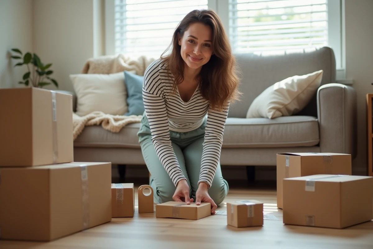 Jeune femme emballant des produits par terre dans son salon, activité de conditionnement à domicile en freelance