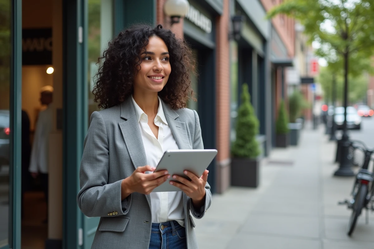 Jeune femme entrepreneure souriante avec une tablette dans la rue