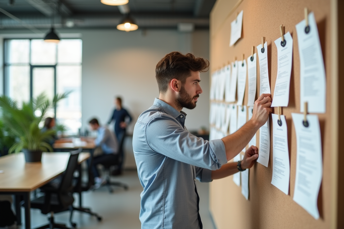 Jeune homme pinçant des brouillons sur un tableau dans un espace collaboratif