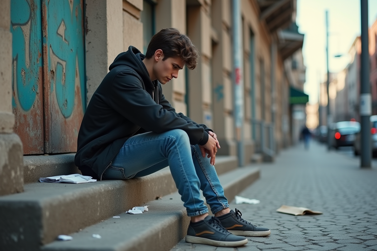 Jeune homme en streetwear assis sur des marches