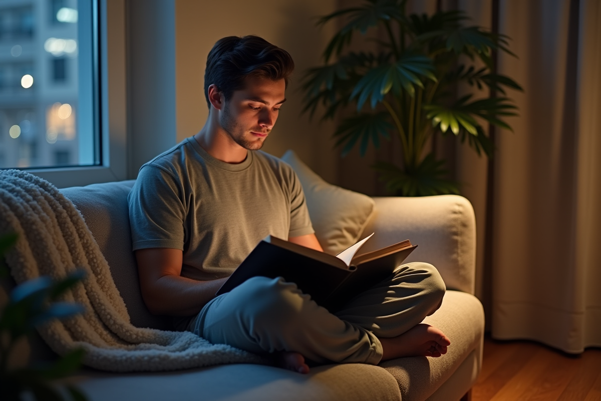 Jeune homme lisant un livre dans un salon calme