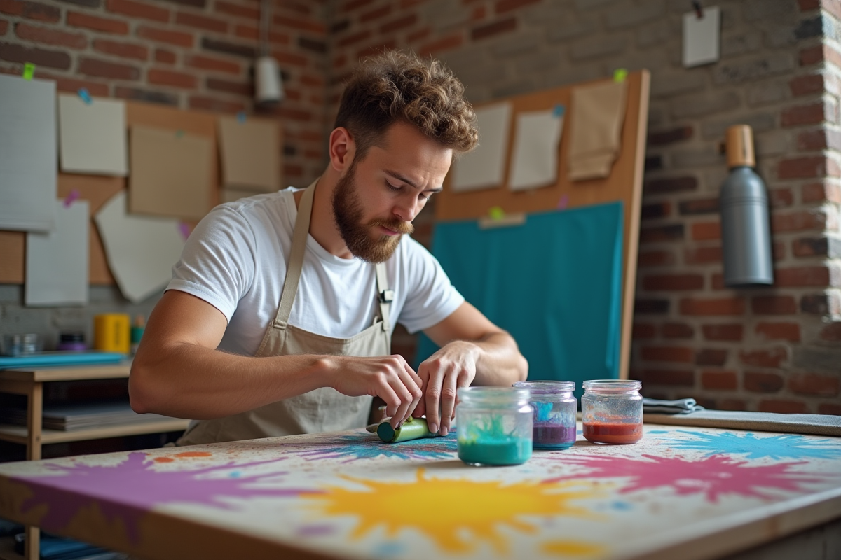 Jeune homme mélangeant des encres pigmentées dans un atelier