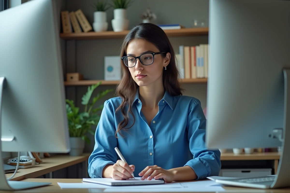 Jeune responsable RH compare des logiciels CSE sur son ordinateur au bureau