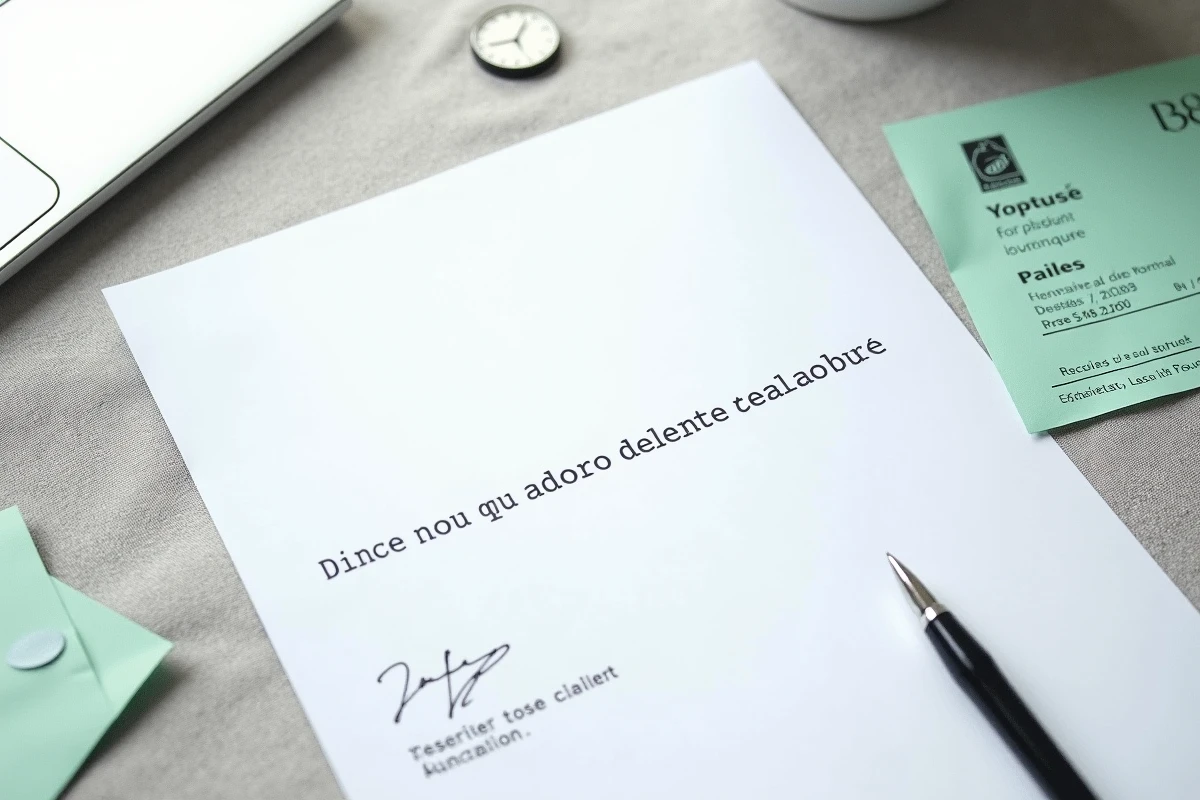 Vue aérienne d'une lettre recommandée avec accusé de réception vert et une enveloppe timbrée sur un bureau