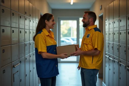 Livreur Chronopost remettant un colis à une cliente à la porte de son appartement en France
