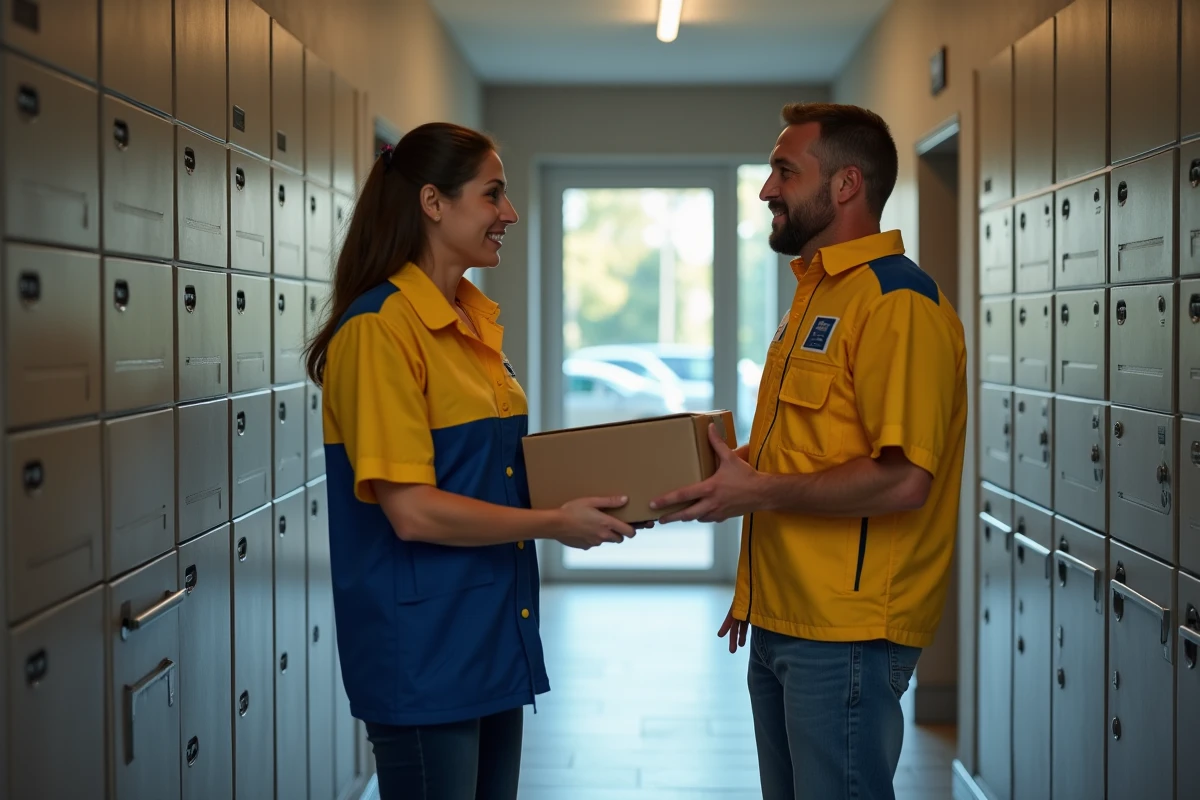 Livreur Chronopost remettant un colis à une cliente à la porte de son appartement en France