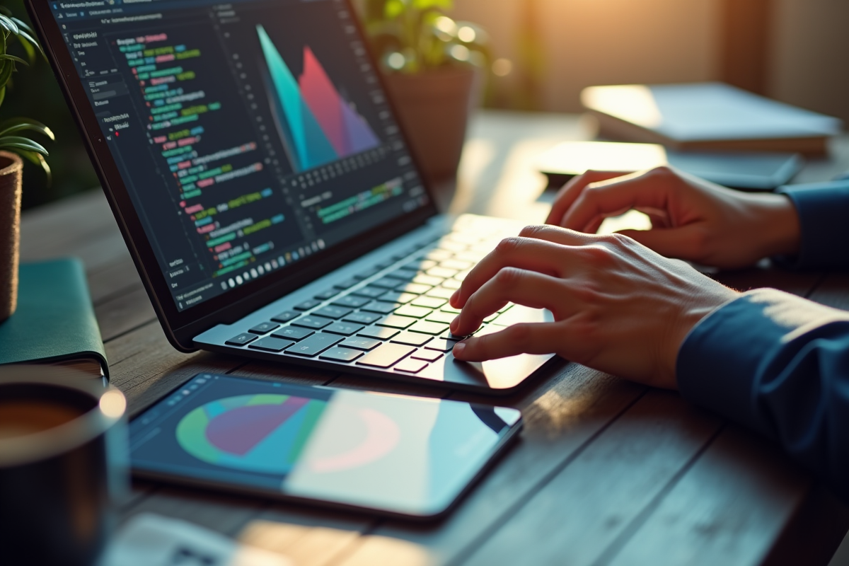 Mains tapant sur un clavier avec livres de code et diagrammes logiciels