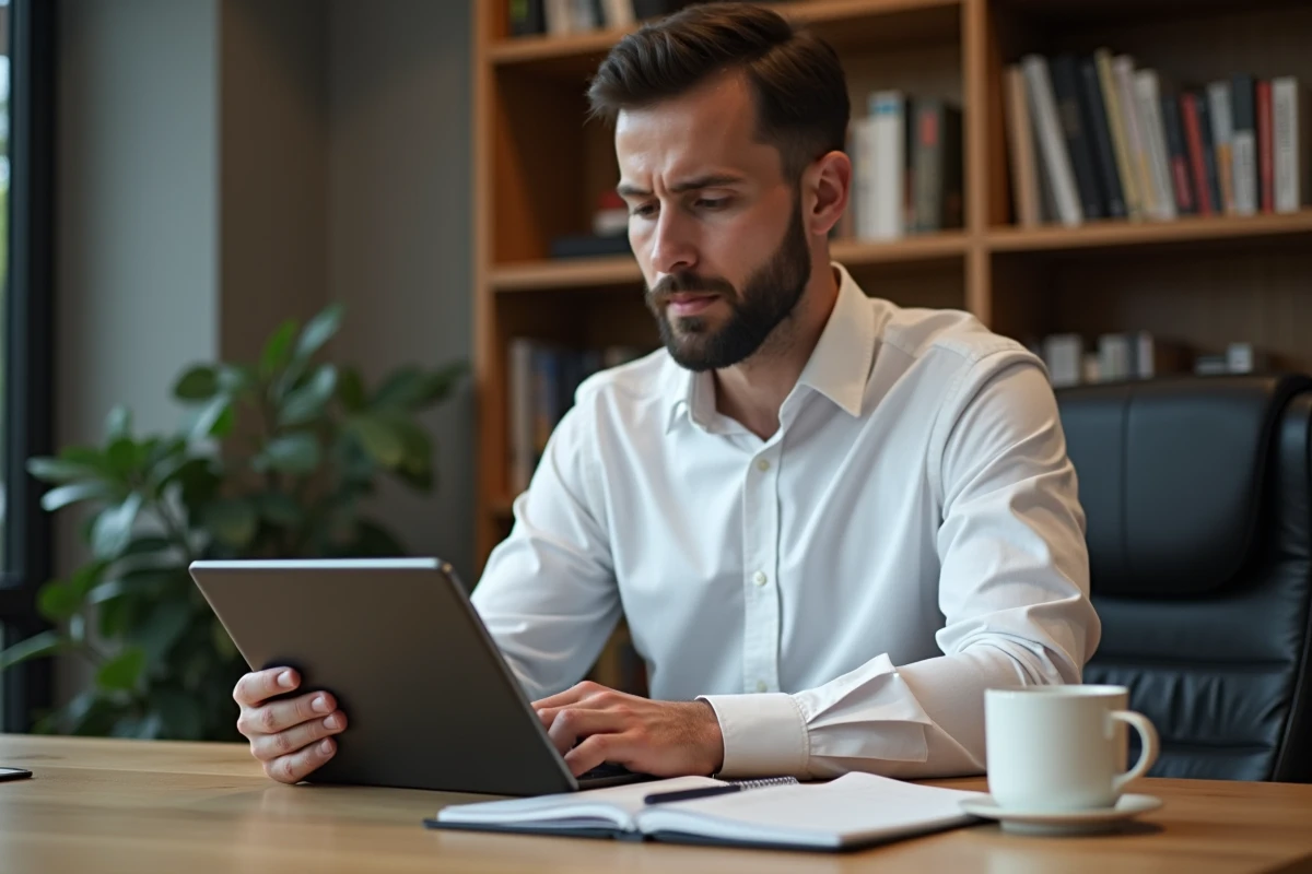 Manager concentré préparant seul une analyse SWOT sur tablette numérique dans un bureau minimaliste