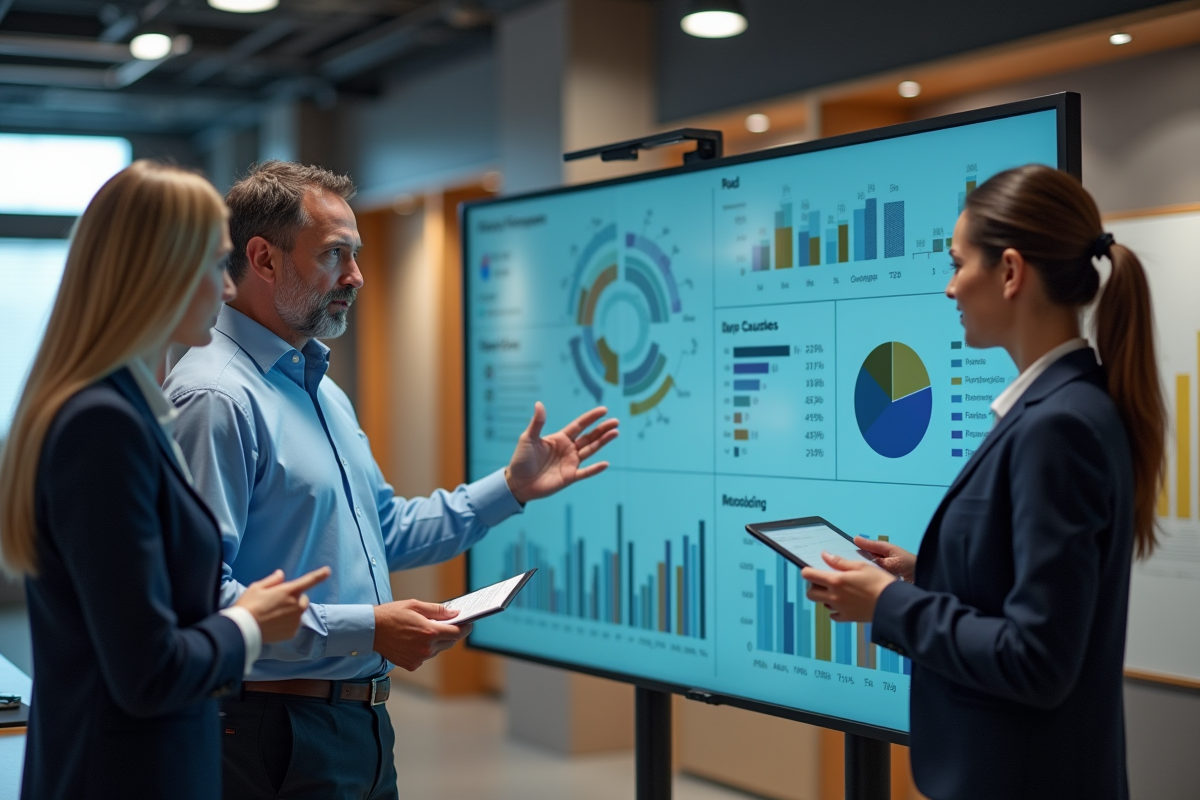 Manager expliquant des performances devant un tableau interactif