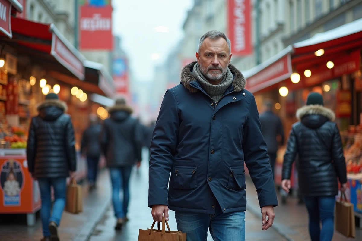 Homme russe dans un marché de rue animé en ville