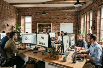 Vue d'ensemble d'une agence de création de sites internet moderne dans le Calvados, avec des professionnels travaillant sur des projets web