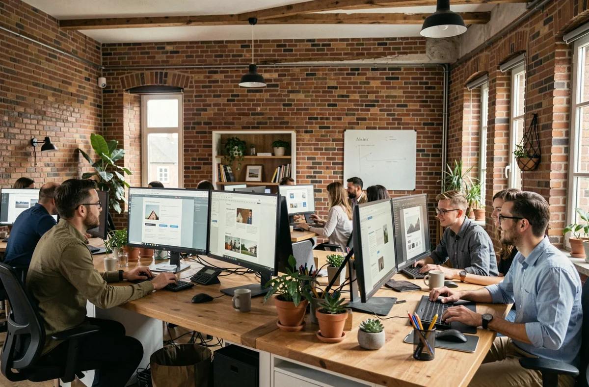 Vue d'ensemble d'une agence de création de sites internet moderne dans le Calvados, avec des professionnels travaillant sur des projets web