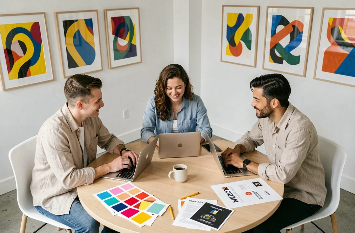 Équipe de Mix Communication réunie autour d'une table pour travailler sur une identité de marque et un projet web