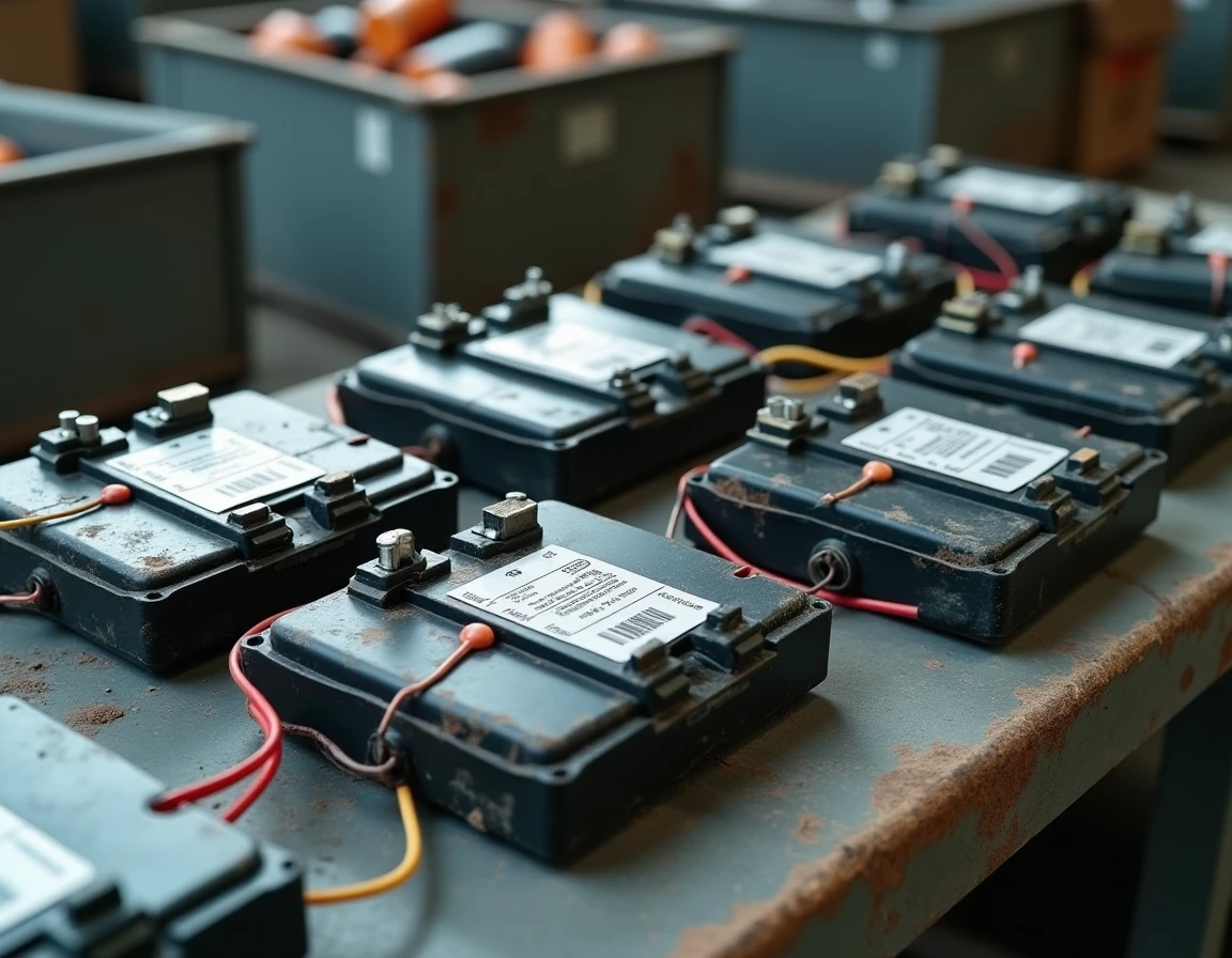 Modules de batteries de véhicules électriques démontés sur un établi de tri dans un centre de recyclage industriel