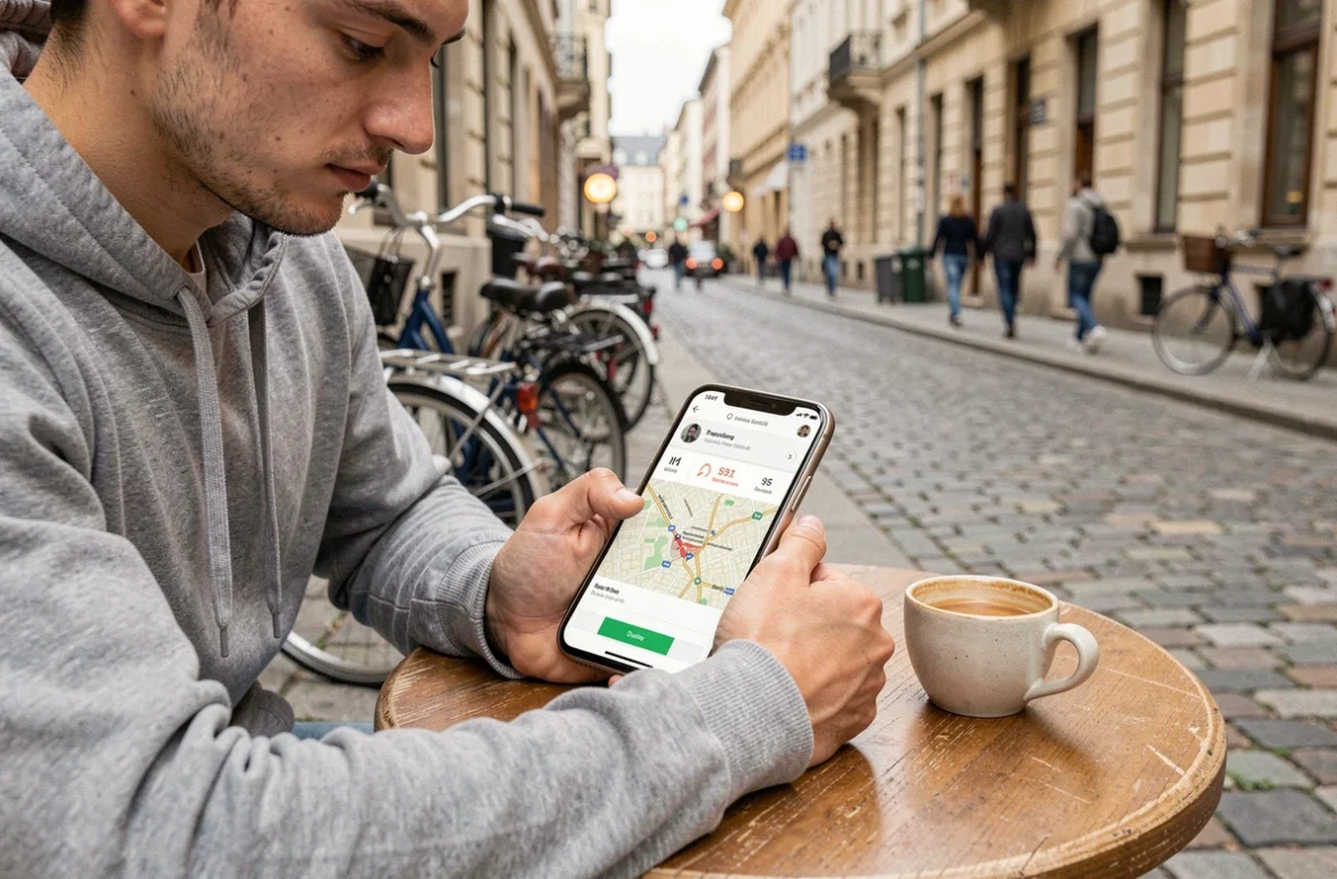 Jeune professionnel consultant le suivi de conteneurs MSC sur smartphone depuis un café en plein air