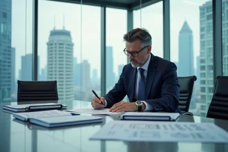 Responsable de projet de construction en costume marine examinant des documents juridiques et des plans architecturaux dans une salle de conférence moderne