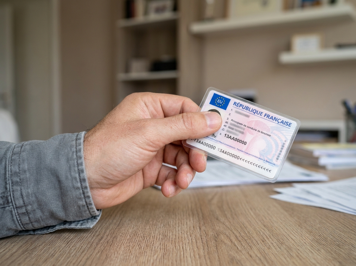 Main tenant un permis de conduire français montrant le numéro de permis visible sur la carte plastifiée