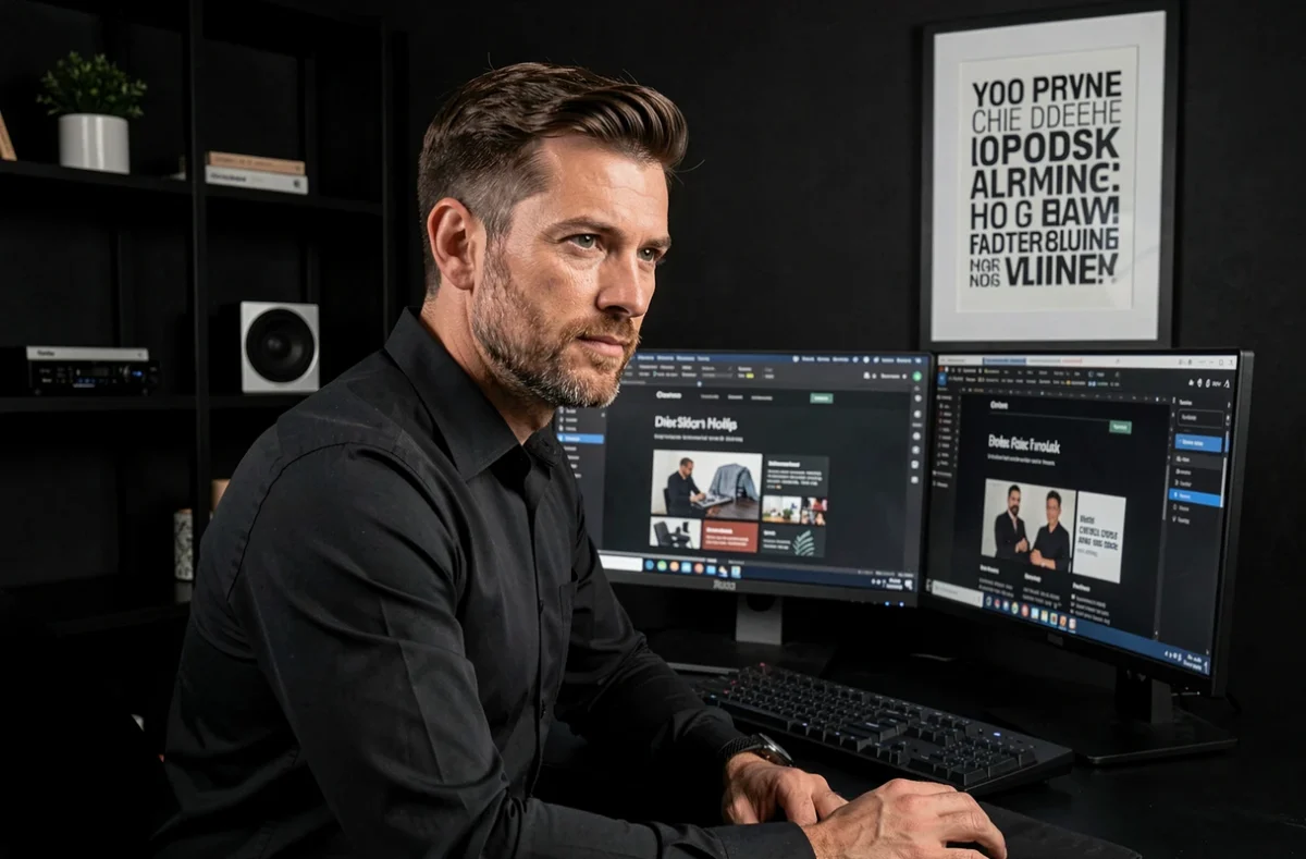 Designer de l'agence Oscar Black travaillant sur un site web au design sombre et élégant dans un studio minimaliste
