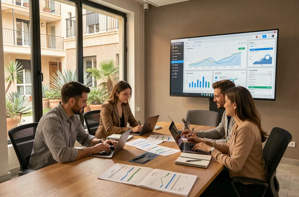 Équipe complète de l'agence digitale Osmova à Montpellier en réunion stratégique autour de projets web full-service